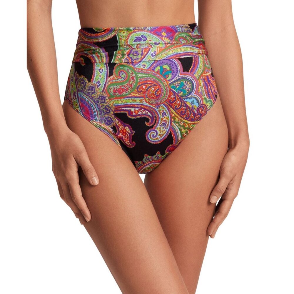 NWT Lauren Ralph Lauren Paisley-Print High-Waist Bikini Bottom Black Paisley 10